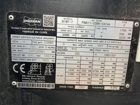 Chariot élévateur électrique Doosan B18T-7